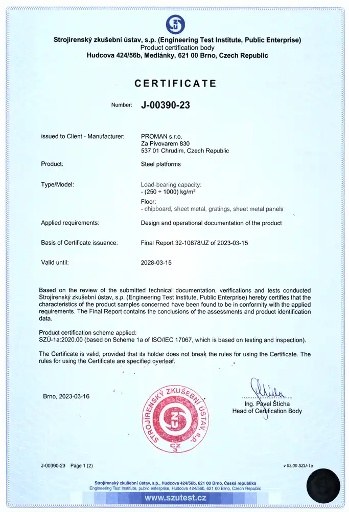 Certificate - Steel platform
